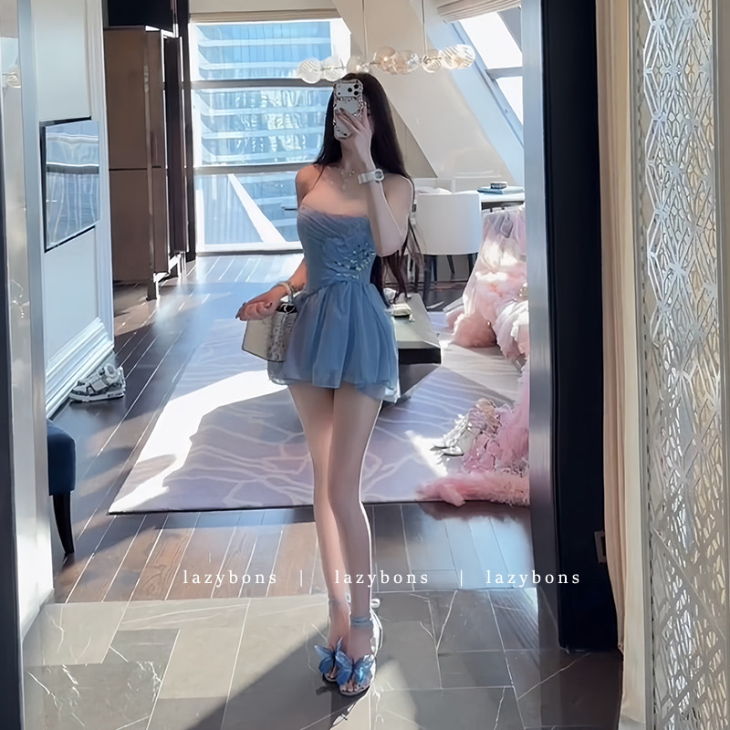 Strapless French ballet style women's dress, stunning birthday gown, heavy-duty feather boning, fitted waist, puffy short skirt