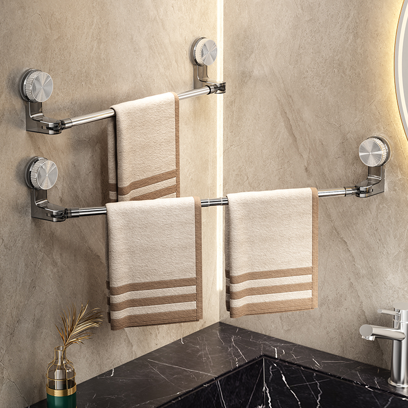 バスルームパンチフリータオルラックトイレステンレススチール引き込み式回転吸盤タオル掛けロッドシングルロッド収納ラック