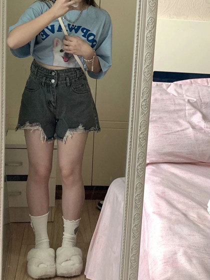 大码女装梨形身材毛边牛仔短裤女夏季薄款胖mm高腰显瘦a字裤热裤