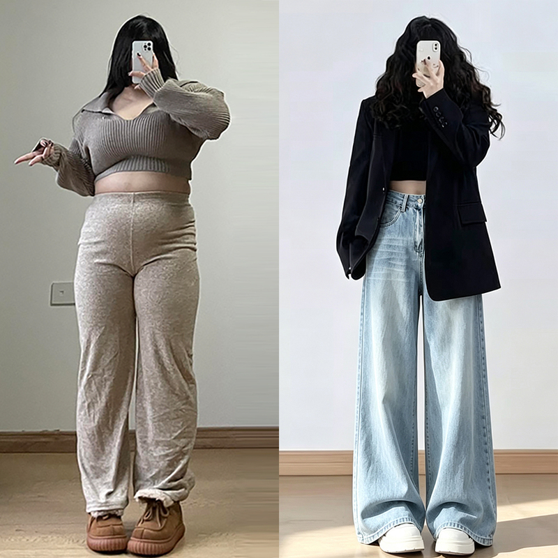 Plus-Size Women's Washed Blue High-Waisted Jeans for Autumn and Winter, Loose Fit, Non-Tight on the Legs, Versatile Wide-Leg Pants Plus-Size Women's Washed Blue High-Waisted Jeans for Autumn and Winter, Loose Fit, Non-Tight on the Legs, Versatile Wide-Leg Pants