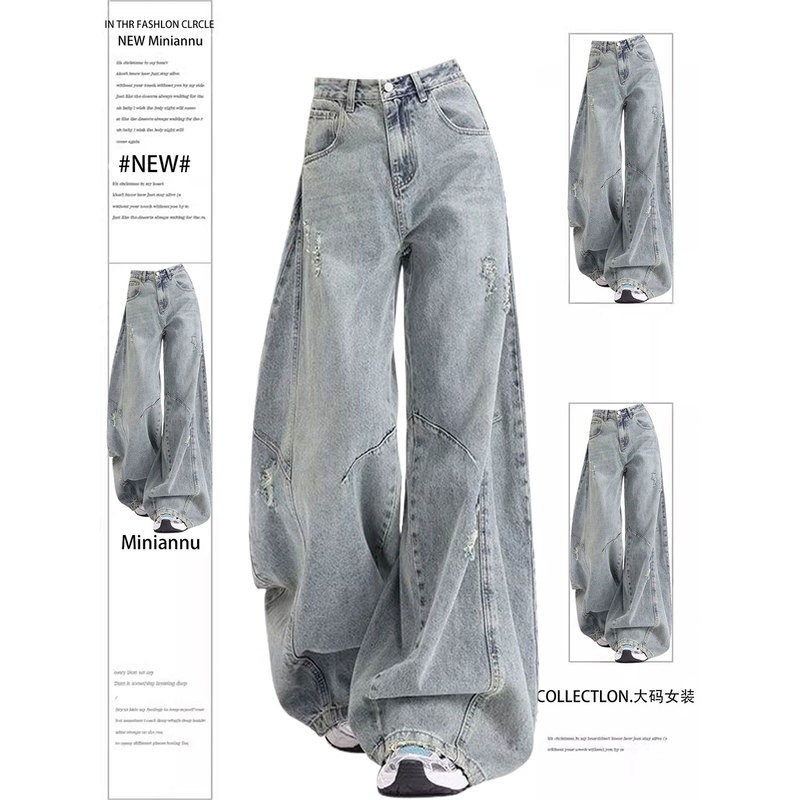 150kg Extra Large Size Plus Size Blue Distressed Knife-Cut Jeans for Women 2026 New Versatile Wide-Leg Pants 150kg Extra Large Size Plus Size Blue Distressed Knife-Cut Jeans for Women 2026 New Versatile Wide-Leg Pants