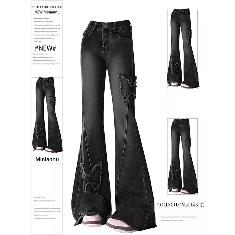 Plus Size Women's Clothing, Fat mm (Referring to a Specific Size or Type of Body Type), Butterfly Embroidery, Frayed Hem Jeans, American Retro Style, Black, Hot Girl Style, Slightly Flared Pants Plus Size Women's Clothing, Fat mm (Referring to a Specific Size or Type of Body Type), Butterfly Embroidery, Frayed Hem Jeans, American Retro Style, Black, Hot Girl Style, Slightly Flared Pants