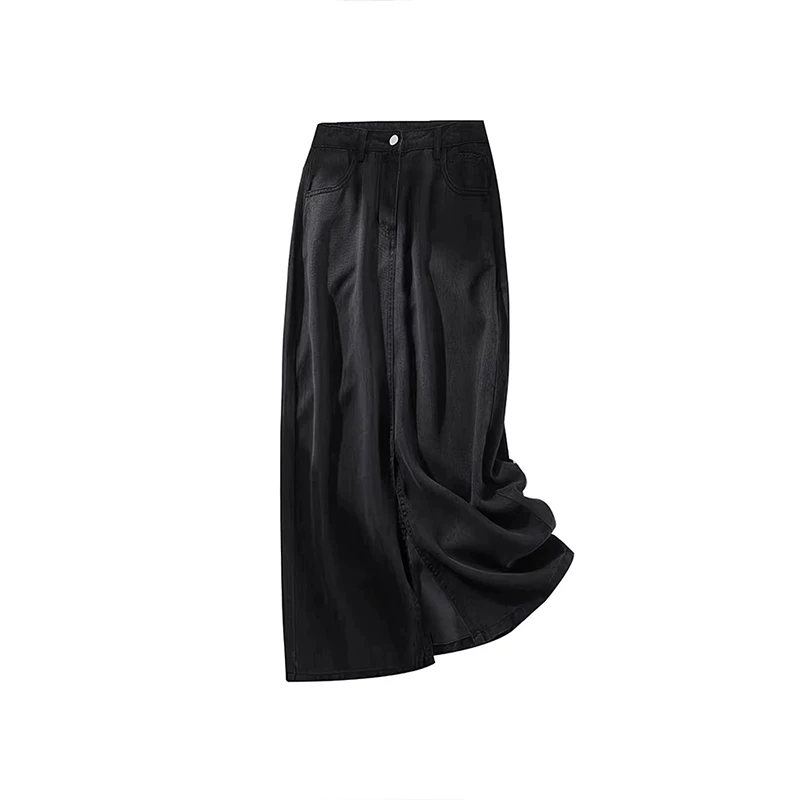 Thin summer black denim skirt, mid-length, size