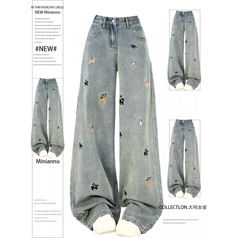 Plus Size Women's Vintage ins Embroidered Dog Wide-Leg Jeans for Women, Designed to Look Slimming, Straight-Leg Long Pants Plus Size Women's Vintage ins Embroidered Dog Wide-Leg Jeans for Women, Designed to Look Slimming, Straight-Leg Long Pants