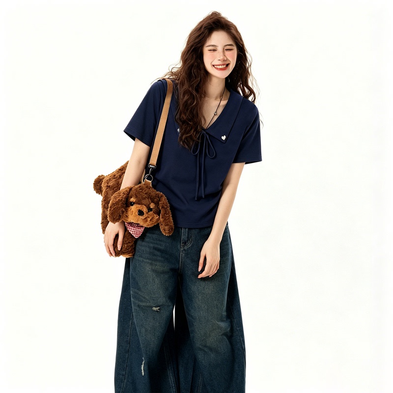 Plus Size Women's Navy Blue Heart Embroidered Lapel T-Shirt, New Summer Short-Sleeved Top for Fat Women, Waist Slimming Top Plus Size Women's Navy Blue Heart Embroidered Lapel T-Shirt, New Summer Short-Sleeved Top for Fat Women, Waist Slimming Top