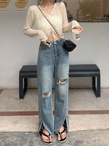 300斤大码女装复古破洞牛仔裤女夏季新款开叉裤子胖mm显瘦阔腿裤