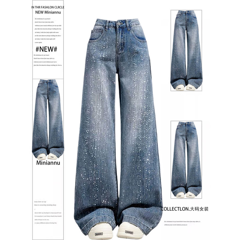 Plus Size Women's Blue Casual Rhinestone-Embellished Jeans, Loose Fit, Versatile, Non-Tight Straight-Leg Pants for Summer