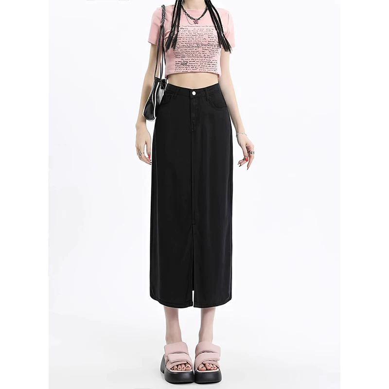 Thin summer black denim skirt, mid-length, size