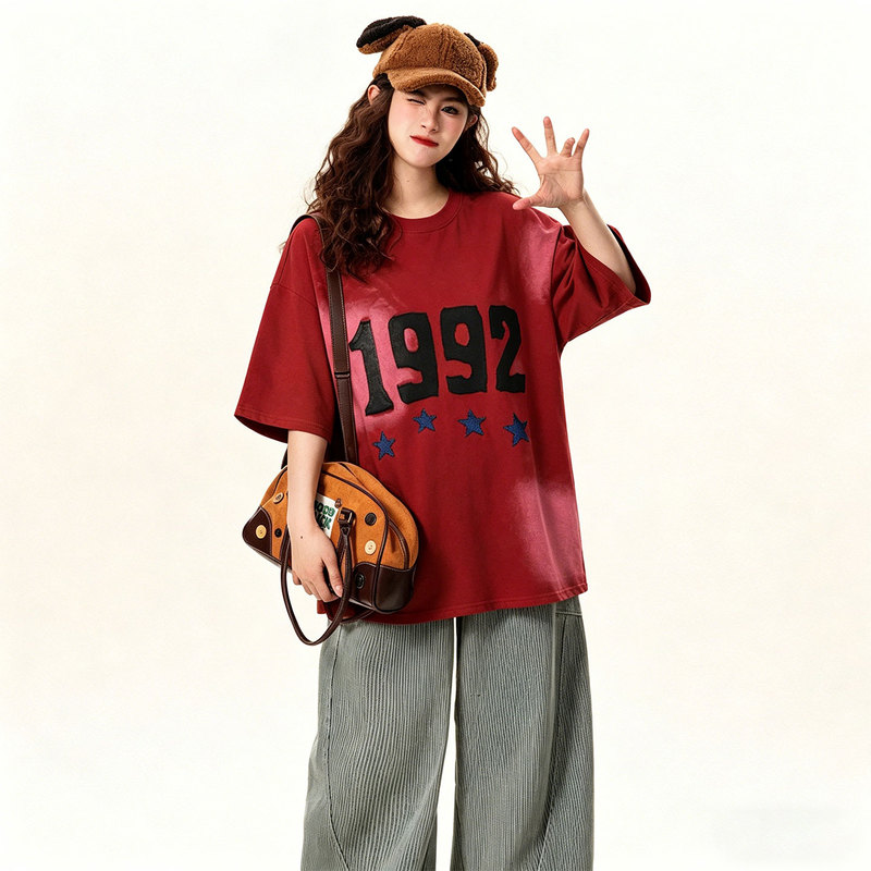 150kg Extra Large Size Fat mm American Retro Style Red Short-Sleeved T-Shirt for Women Loose Casual Digital Print Sports Top