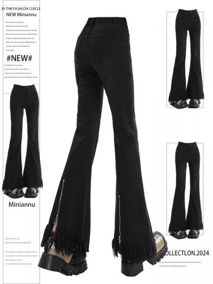 300斤大码胖mm高街微喇牛仔裤女春秋显瘦弹力裤子流苏拉链喇叭裤