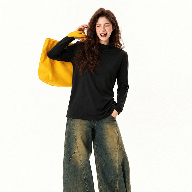 Plus-Size Women's Relaxed Black Versatile Long-Sleeve T-Shirt for Autumn and Winter, Casual Slimming Base Shirt Top for Plus-Size Women