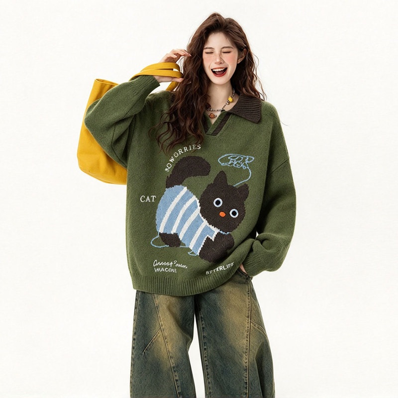 Plus Size Women's Clothing, Fat mm (Referring to a Specific Size or Type of Body Type), Green Cartoon Cat Embroidered Knit Sweater for Women, Autumn and Winter Wear, Slimming, Loose-Fitting, Collared Sweater