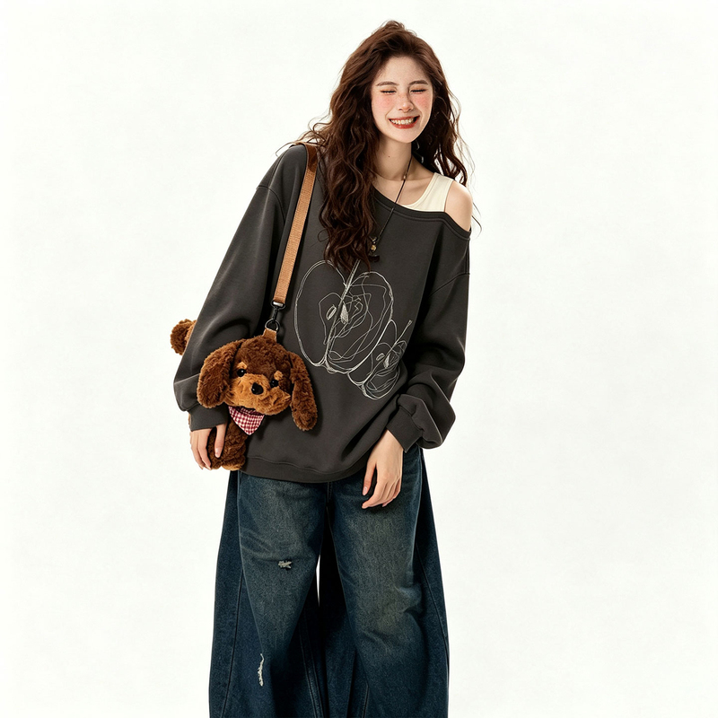 Plus Size Women's Clothing, American Retro Dark Brown Off-Shoulder Sweatshirt, Relaxed Fit Printed Loose Off-Shoulder Top Plus Size Women's Clothing, American Retro Dark Brown Off-Shoulder Sweatshirt, Relaxed Fit Printed Loose Off-Shoulder Top