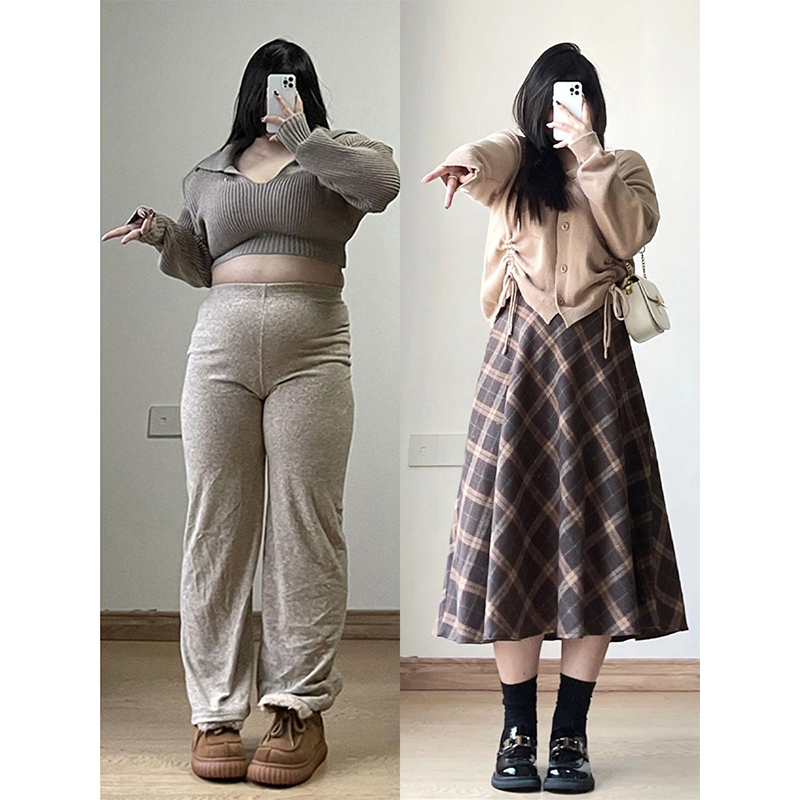Plus Size Women's Plaid Skirt, Retro Long Skirt for Women, Slimming A-Line Umbrella Skirt, Woolen Skirt, High-Waisted Skirt