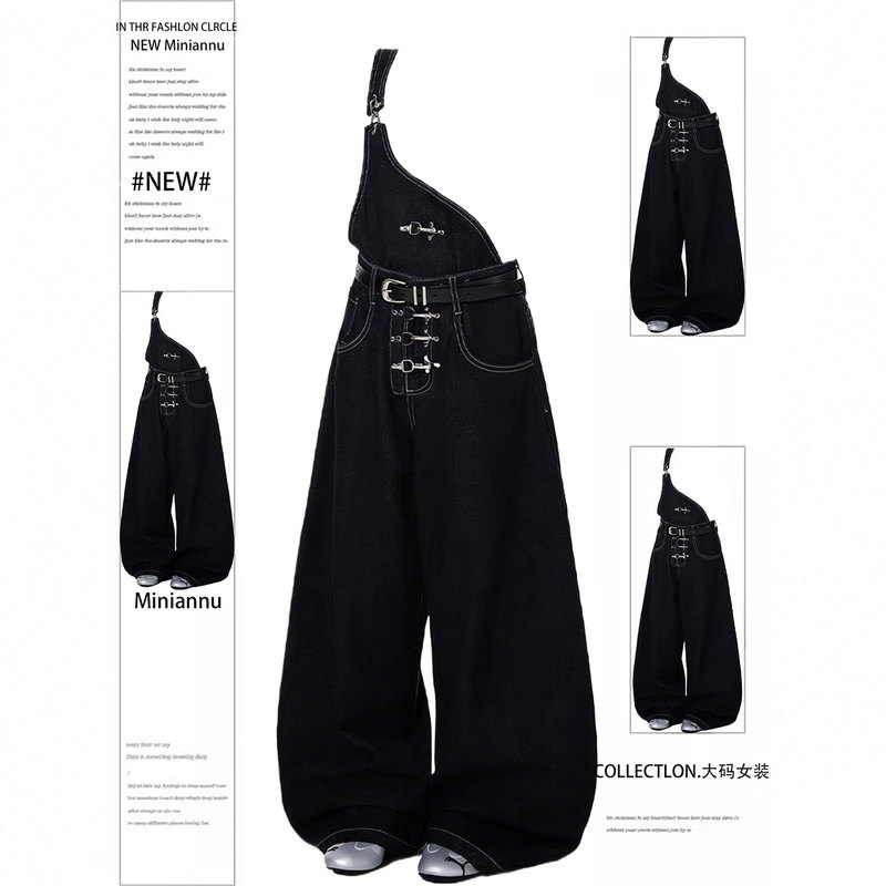 Plus Size Women's Clothing, Hot Girl Style Black One-Shoulder Denim Overalls for Petite Students, Versatile Jumpsuit
