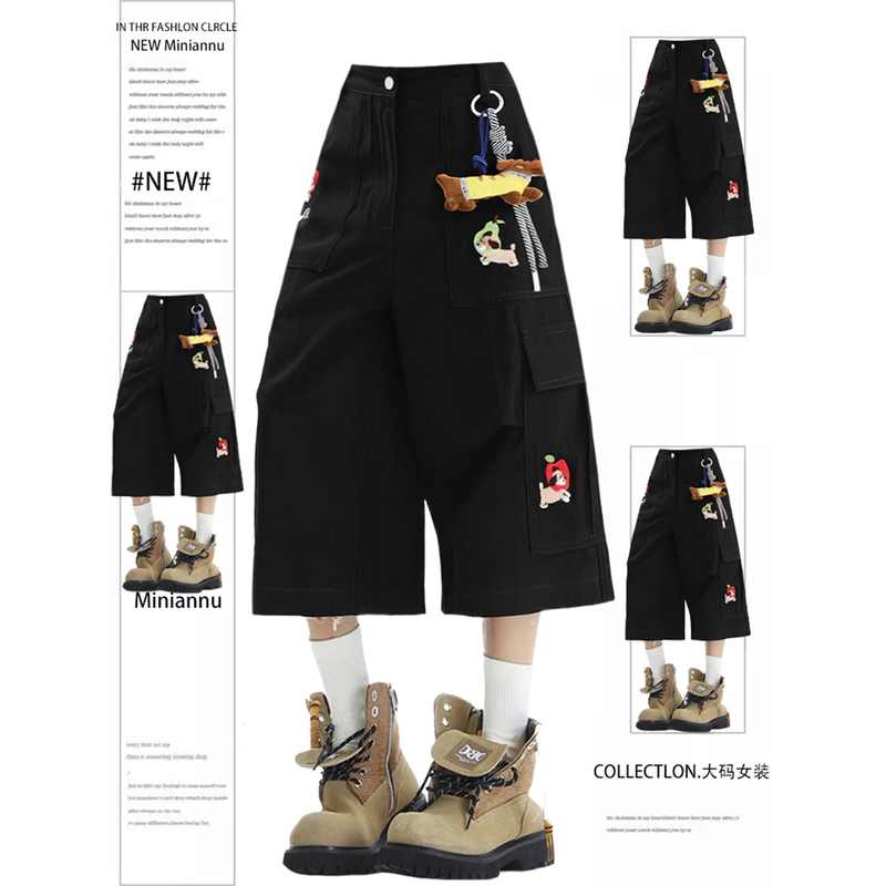 Extra Large Size Black Cartoon Embroidered Wide-Leg Denim Shorts for Fat mm Pear-Shaped Crotch-Covering Slimming Look Workwear Three-Quarter Pants