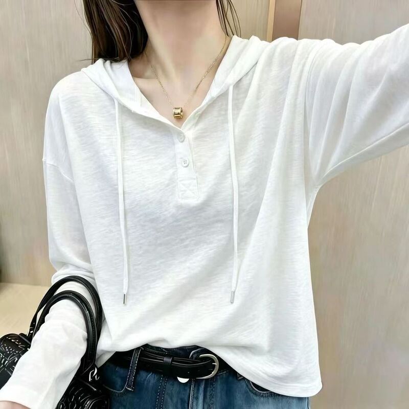 Bamboo Cotton Plus-Size Hooded Long-Sleeve T-Shirt Casual Style Women's Autumn Loose Button Versatile Fashion Simple Top Bamboo Cotton Plus-Size Hooded Long-Sleeve T-Shirt Casual Style Women's Autumn Loose Button Versatile Fashion Simple Top