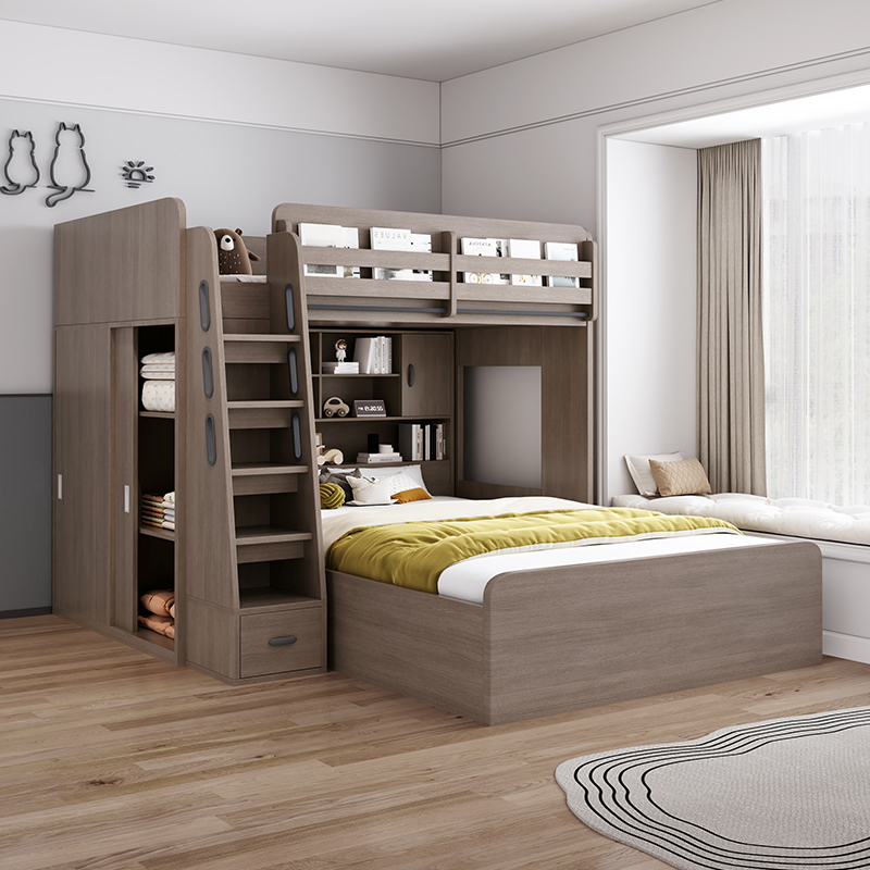 Children's Bed with Staggered Bunk Beds, Space-Saving High-Low Bed for Small Apartments, Bunk Bed for Adults