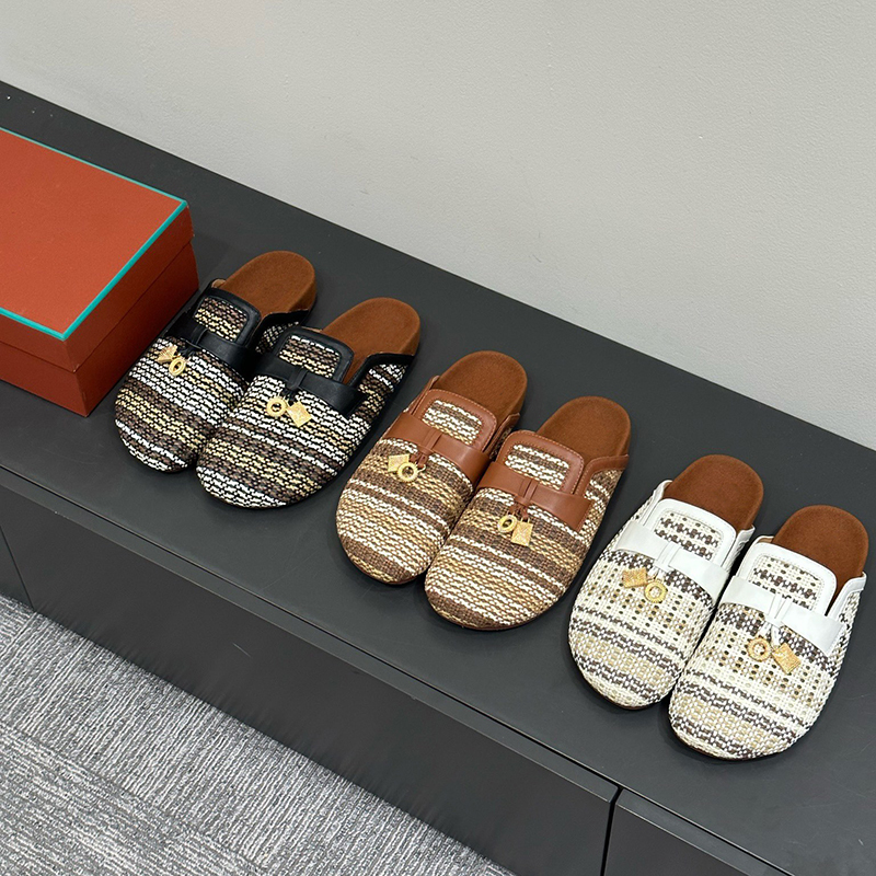 2026 Early Spring New Style Lp Genuine Leather Woven Toe-Cap Half Slippers for Women with Metal Buckle Beach Sandals Casual Mules