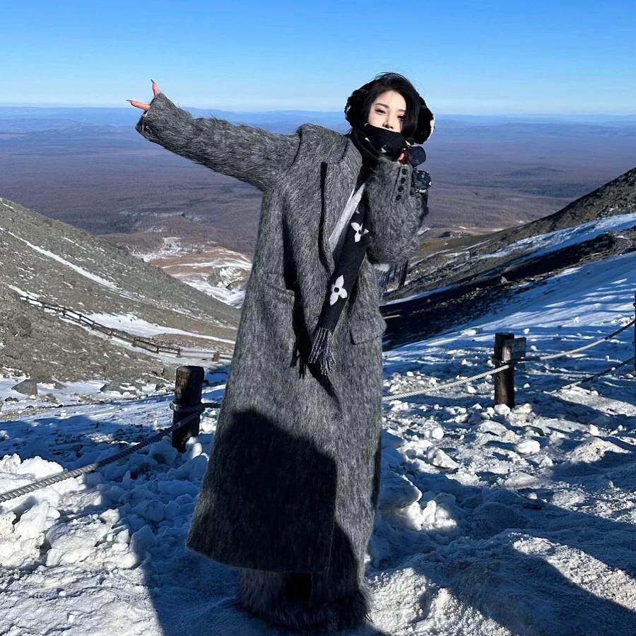 Правильная версия] шерстяное пальто, зимнее нишевое дизайнерское решение, широкая версия, высококачественное решение, серое длинное шерстяное пальто