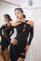 asl dance clothing Latin dance clothing womens black halterneck off-shoulder long-sleeved hollow top irregular swing skirt suit