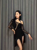 lilly dance clothes for women Latin dance clothes for women autumn and winter black mesh long-sleeved tops slit tassel skirt set