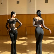 clw dance clothing Latin dance clothing for women autumn and winter black long-sleeved mesh top wide-leg pants suit teaching dance practice to keep warm