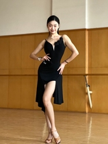 clw dance costume Latin dance costume for women black deep V flower gymnastics suit backless suspender irregular hollow skirt versatile