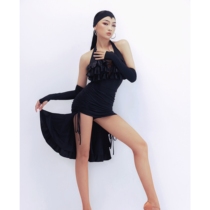 david dance costume latin dance costume female black halterneck top with short front and long drawstring skirt art exam suit