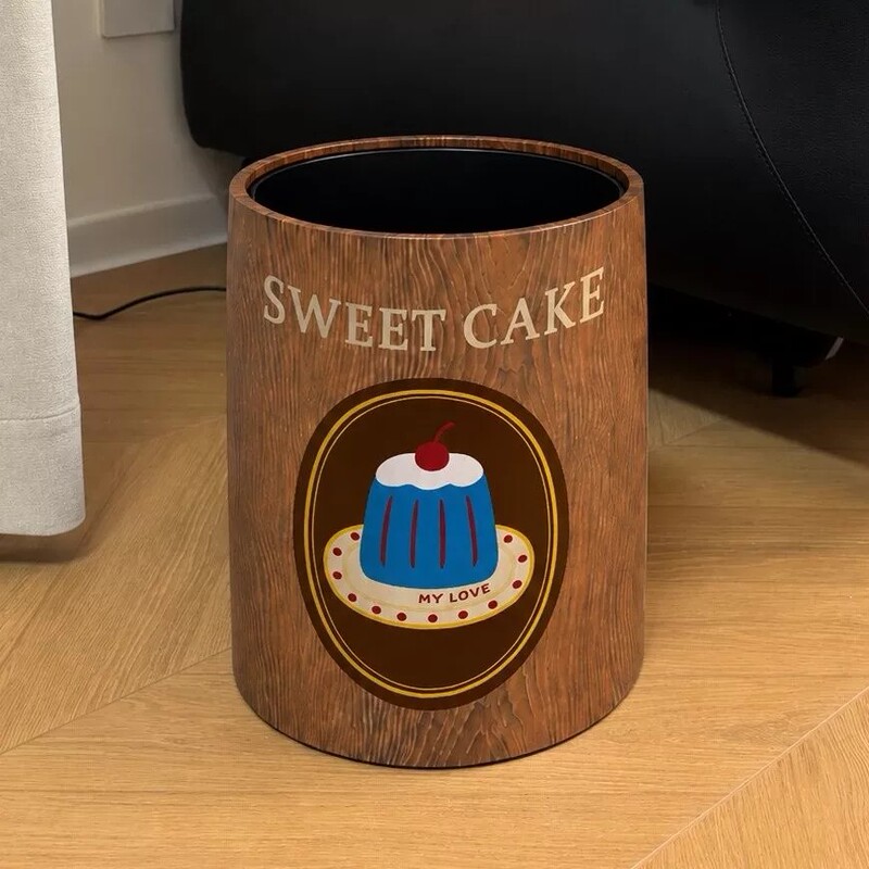 Vintage-Style Faux Wood Cake-Shaped Trash Can for Home Use in Bathroom, Kitchen, Living Room, Large Capacity Square Wastebasket