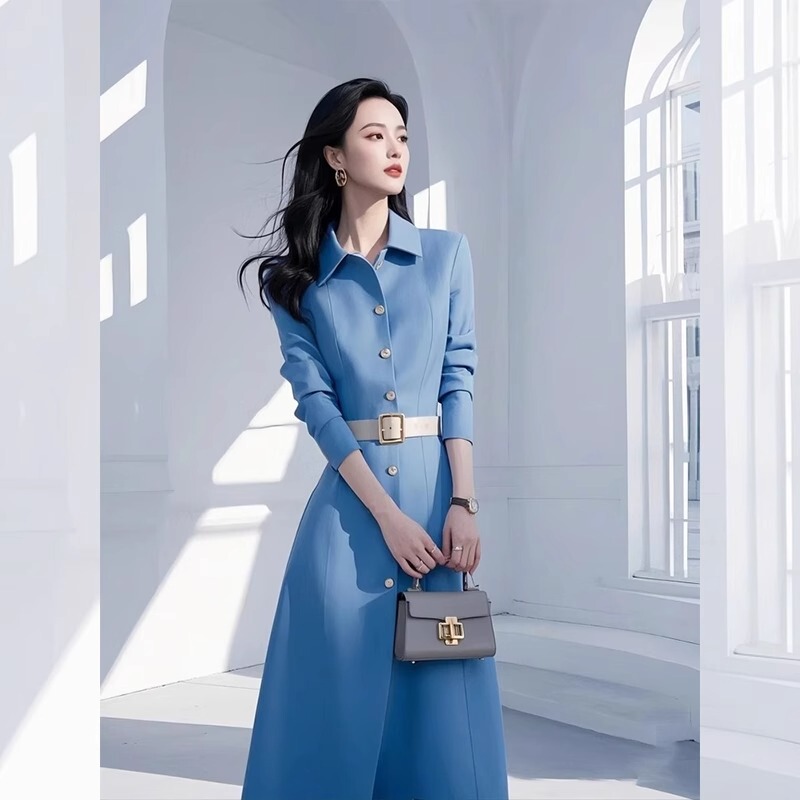French-Style High-End, Super Pretty, Unique and Elegant Waist-Cinching Blue Shirt Dress for Women, 2026 Spring New Collection French-Style High-End, Super Pretty, Unique and Elegant Waist-Cinching Blue Shirt Dress for Women, 2026 Spring New Collection