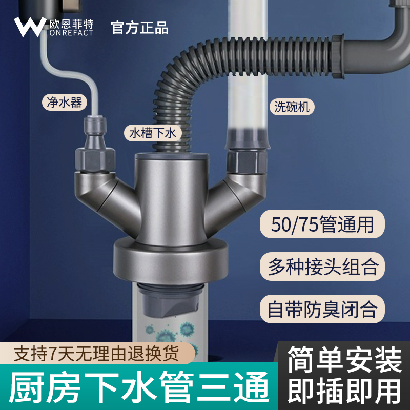 Kitchen sewer pipe three-way washing vegetable basin sink Deodorizer Dishwasher water purifier Multifunction Drainage Joint-Taobao