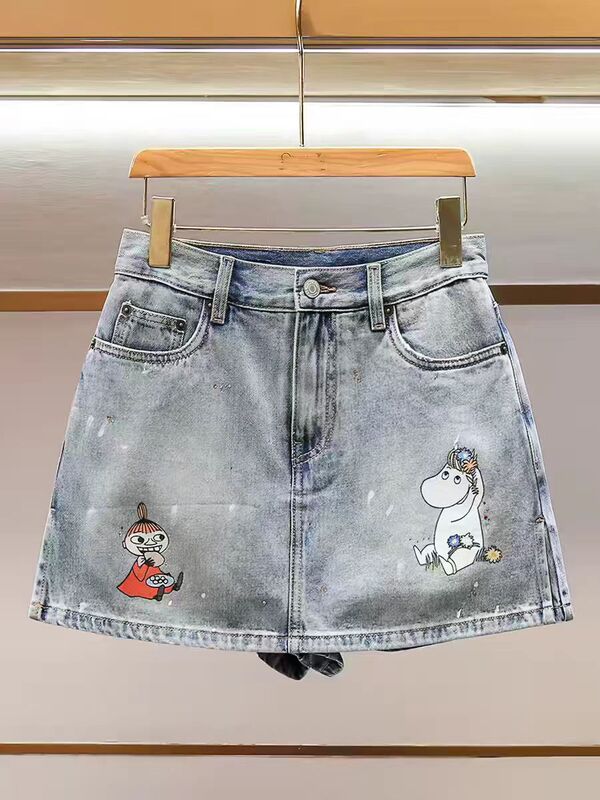 [Moomin Collaboration] Authentic Denim Shorts 2026 Summer New Vintage Cotton Printed Skirt Pants Mbf2Sot004
