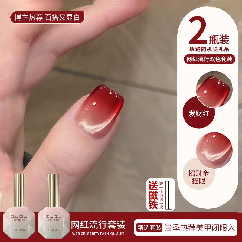 New Year's Fortune Red Nail Polish Gel 2026 New Model Sparkling Gold Cat Eye Two-Tone Set for Nail Salons