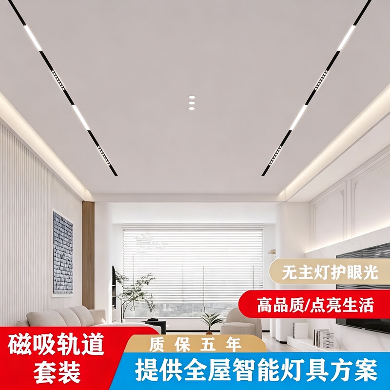 Magnetic Track Light Design Package for Living Room and Bedroom, No Main Light, Embedded Led Linear Light, Frameless