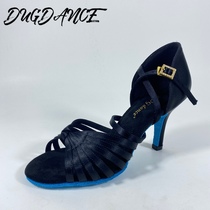 High-end DUGDANCE dance shoes for womens competition wear-resistant mid-high heels thick soles for competition blue 1007 black