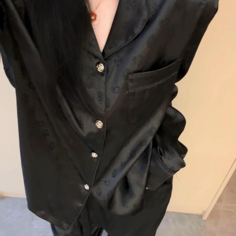 2026 New High-End Black Ice Silk Pajamas for Women, Spring and Autumn Long-Sleeved Summer Super Popular Home Wear That Can Be Worn Outside