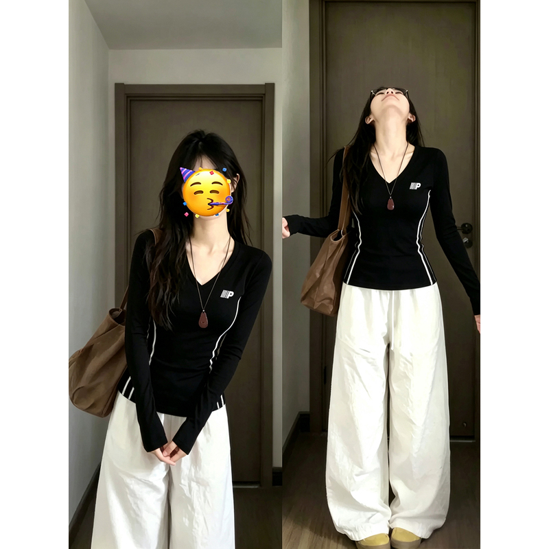 Black V-Neck Side-Striped Long-Sleeve Women's Slim-Fit Fitted Shoulder-Length T-Shirt, Slimming, Early Autumn Inner Layer Base Shirt Black V-Neck Side-Striped Long-Sleeve Women's Slim-Fit Fitted Shoulder-Length T-Shirt, Slimming, Early Autumn Inner Layer Base Shirt