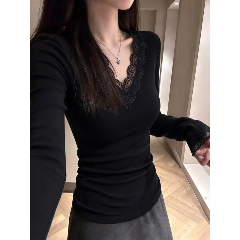 Pure Desire Style Lace Trim V-Neck Base Shirt for Women, Autumn and Winter Brushed Warm Inner T-Shirt, Long-Sleeve Slim Fit Top Pure Desire Style Lace Trim V-Neck Base Shirt for Women, Autumn and Winter Brushed Warm Inner T-Shirt, Long-Sleeve Slim Fit Top