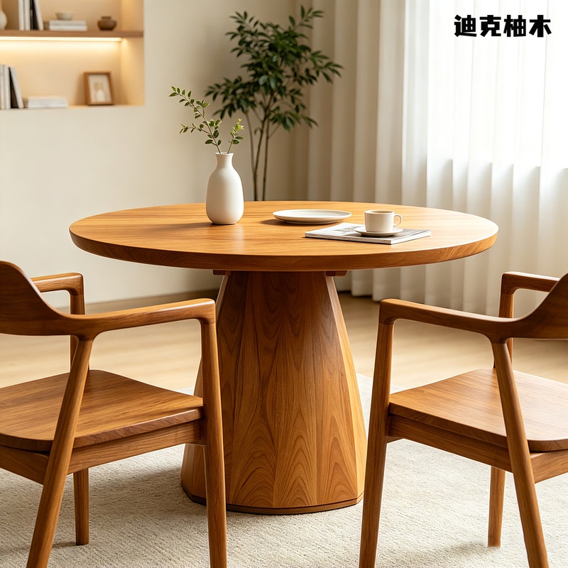 Burmese Teak Solid Wood Round Dining Table with Mortise and Tenon Joints, Natural Wood, High-End Simple Mid-Century Song-Style Aesthetic Dining Table for Home Use