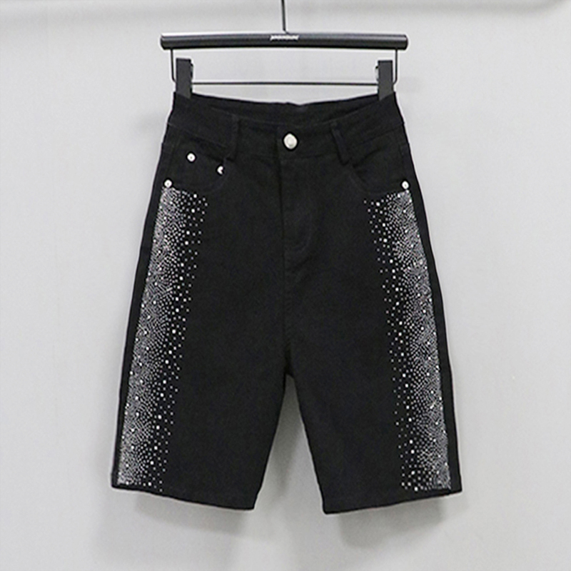 Straight-Leg Knee-Length Shorts for Women with Rhinestones, New Colorful High-Waisted Slimming Stretchy Stylish Thin Mid-Length Shorts for Outerwear, Plus Size Shorts Straight-Leg Knee-Length Shorts for Women with Rhinestones, New Colorful High-Waisted Slimming Stretchy Stylish Thin Mid-Length Shorts for Outerwear, Plus Size Shorts