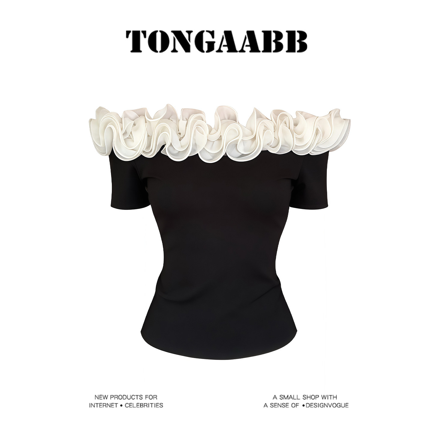 French-style pure and alluring three-dimensional lace off-shoulder T-shirt for women, summer black slim fit design, off-shoulder top with a sense of atmosphere.