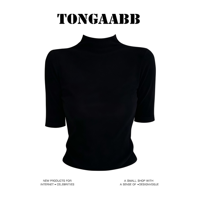 Spicy Girl Style Basic Half-High Collar Mid-Sleeve Knit Top for Women, Autumn Niche Black Slimming Versatile Base Shirt Top Spicy Girl Style Basic Half-High Collar Mid-Sleeve Knit Top for Women, Autumn Niche Black Slimming Versatile Base Shirt Top