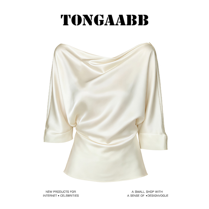 High-End Off-Shoulder Satin T-Shirt for Women, New Autumn Style, Niche, Simple, Loose-Fitting, Waist-Cinching, Slimming, Elegant Top High-End Off-Shoulder Satin T-Shirt for Women, New Autumn Style, Niche, Simple, Loose-Fitting, Waist-Cinching, Slimming, Elegant Top