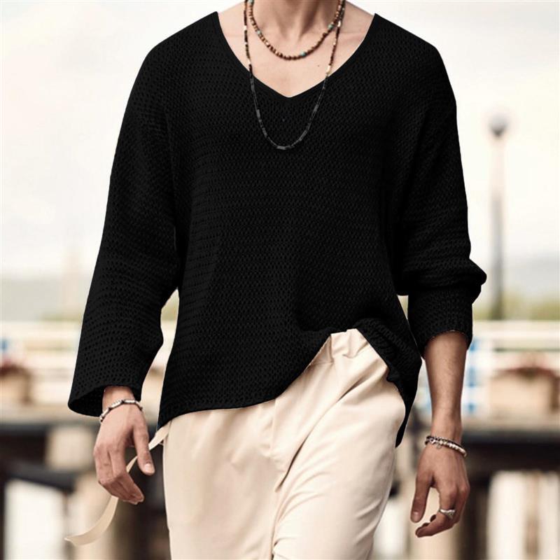 2026 Cross-Border Autumn Vintage Solid Color Men's V-Neck Long-Sleeve Top Loose European and American Men's Hollow Knit Sweater