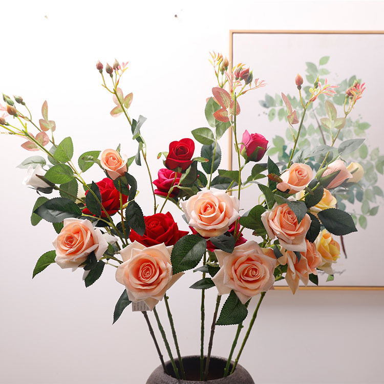 3 Simulated Velvet Roses Wedding Romance Decoration Three - headed Plastic Perfume Roses