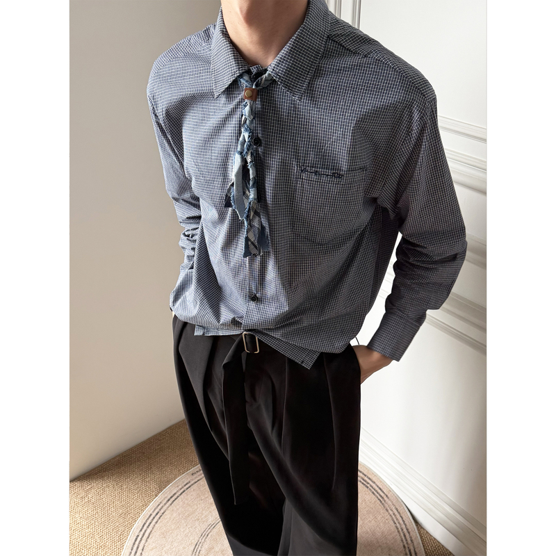 【Amateurfitx】Cuban Rope Royal Blue Miu-Style Plaid Short Wide Drawstring Long-Sleeve Shirt