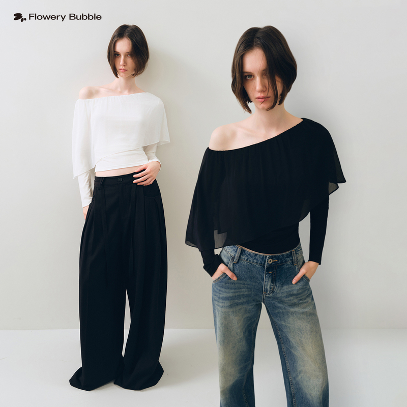 Flowery Bubble Bubble Flower Market'Relaxing Posture' Lyocell Asymmetrical Cape-Style Fake Two-Piece Top Flowery Bubble Bubble Flower Market'Relaxing Posture' Lyocell Asymmetrical Cape-Style Fake Two-Piece Top