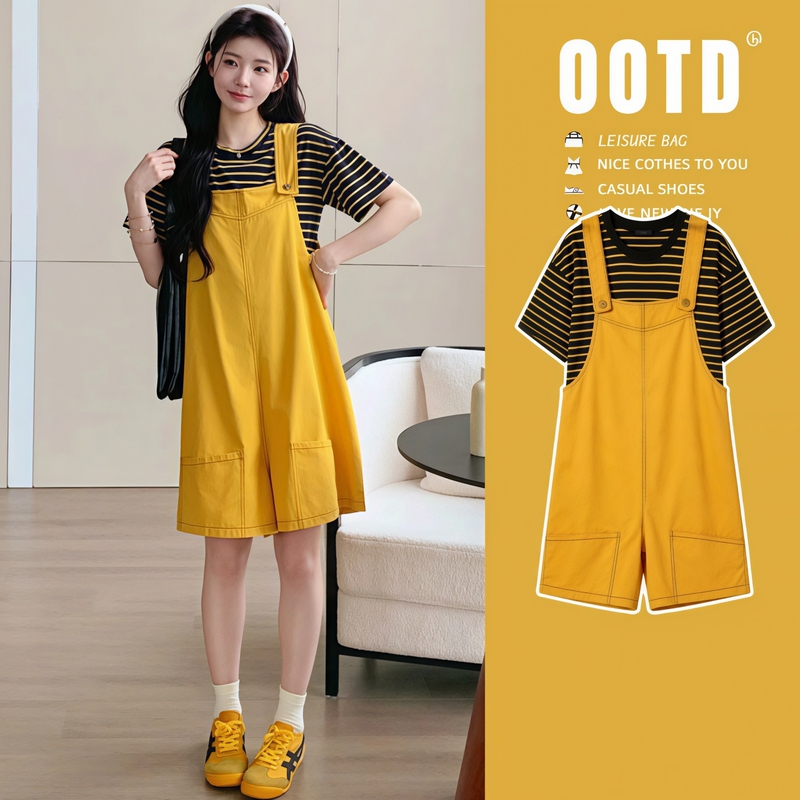 Maternity Wear "Yuanqi Daily" Summer Outfit Set for Pregnant Women, Korean Style Loose Overalls with Striped Top, Fashionable Two-Piece Set