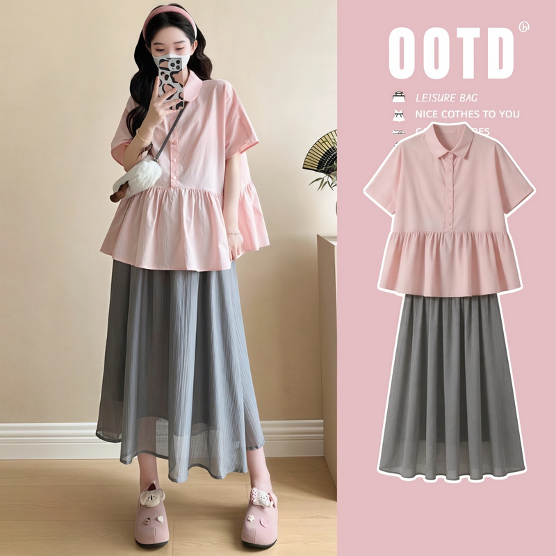 Maternity Wear, the "Sweet Cool Formula," Maternity Summer Outfit Set, Korean Style Preppy Shirt, Large Hem Skirt Two-Piece Set